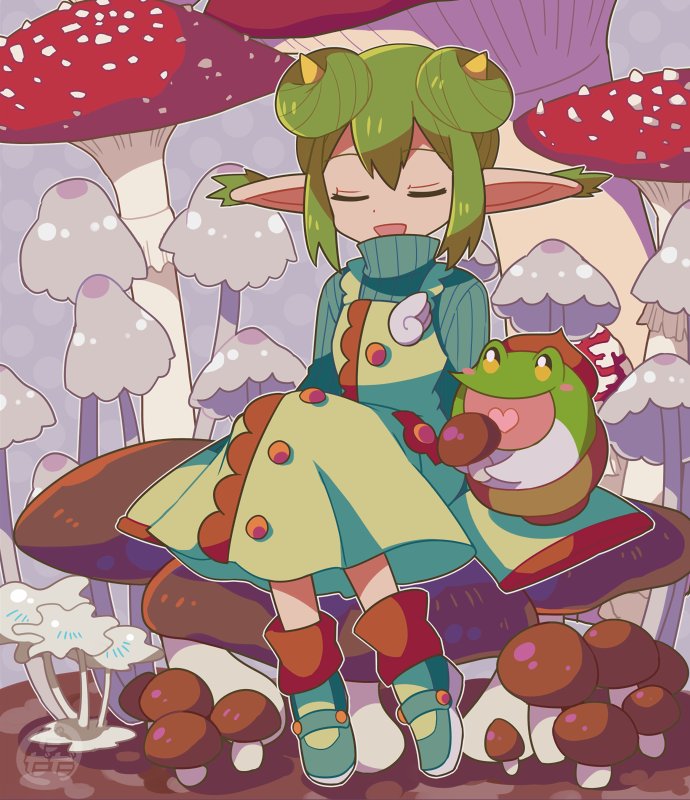 1girl animal animal_on_hand aqua_footwear aqua_sweater arms_at_sides artist_logo brooch brown_leg_warmers closed_eyes dadadanoda dated_commentary day deformed dot_nose double_bun donut_hair_bun dress ear_tufts frog full_body giant_mushroom green_dress green_hair green_socks hair_bun happy holding holding_mushroom jewelry leg_warmers lidelle_(puyopuyo) logo long_sleeves mushroom on_mushroom open_mouth outdoors outline pinafore_dress pointy_ears puyopuyo puyopuyo_20th_anniversary ribbed_sweater short_hair side-by-side sidelocks sitting sleeveless sleeveless_dress sleeves_past_wrists socks solo sweater u_u white_outline wing_brooch