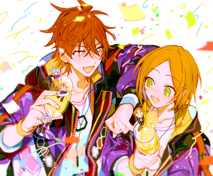 5boys amagi_rinne aoi_hinata blue_eyes confetti crazy_b_(ensemble_stars!) cup ensemble_stars! fang food fruit glass green_eyes himeru_(ensemble_stars!) holding holding_cup jacket lemon lemon_slice mini_person miniboy multiple_boys open_mouth orange_hair oukawa_kohaku parted_bangs purple_jacket red_hair sapphire_(nine) shiina_niki shirt sidelocks simple_background skin_fang smile white_background white_shirt
