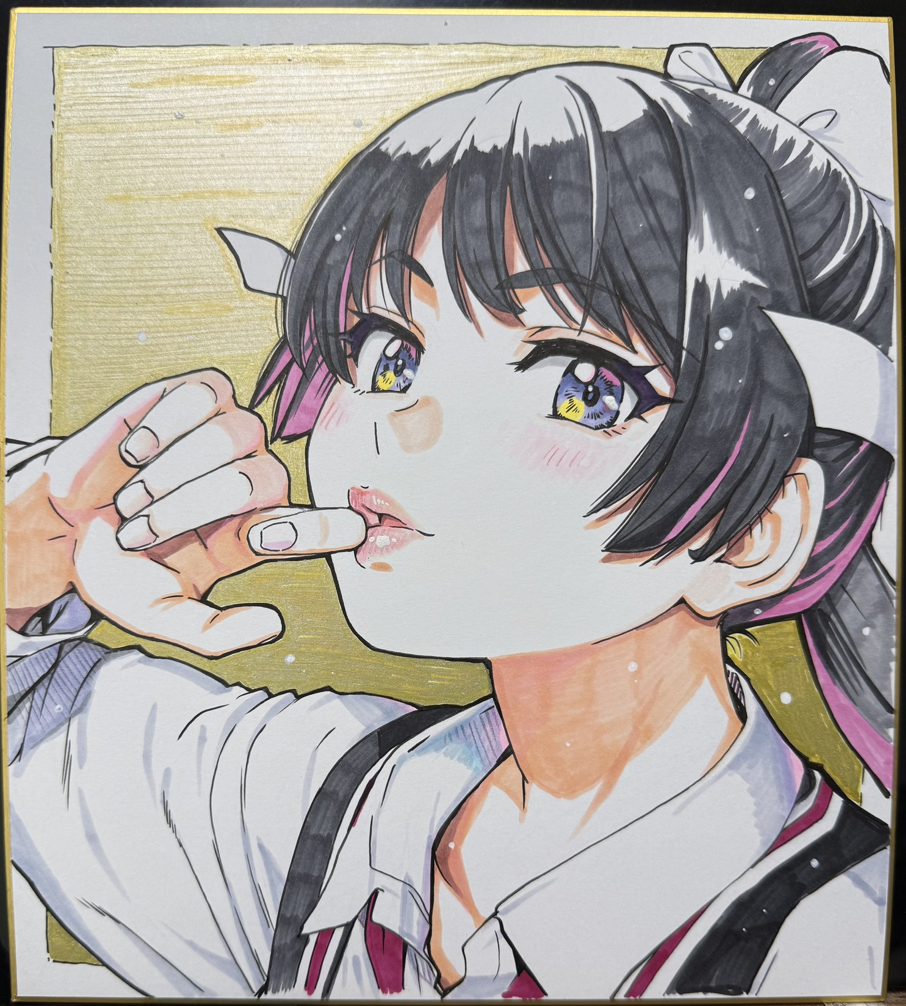 1girl arm_up black_hair blue_eyes blush blushing_female colorized gold_background high_ponytail highres kiritani_konome lips lipstick long_hair looking_at_viewer makeup multicolored_eyes open_mouth pisu_hame ponytail ribbon shikishi shirt shiwasu_no_okina tagme traditional_media visible_ears white_ribbon white_shirt yellow_background