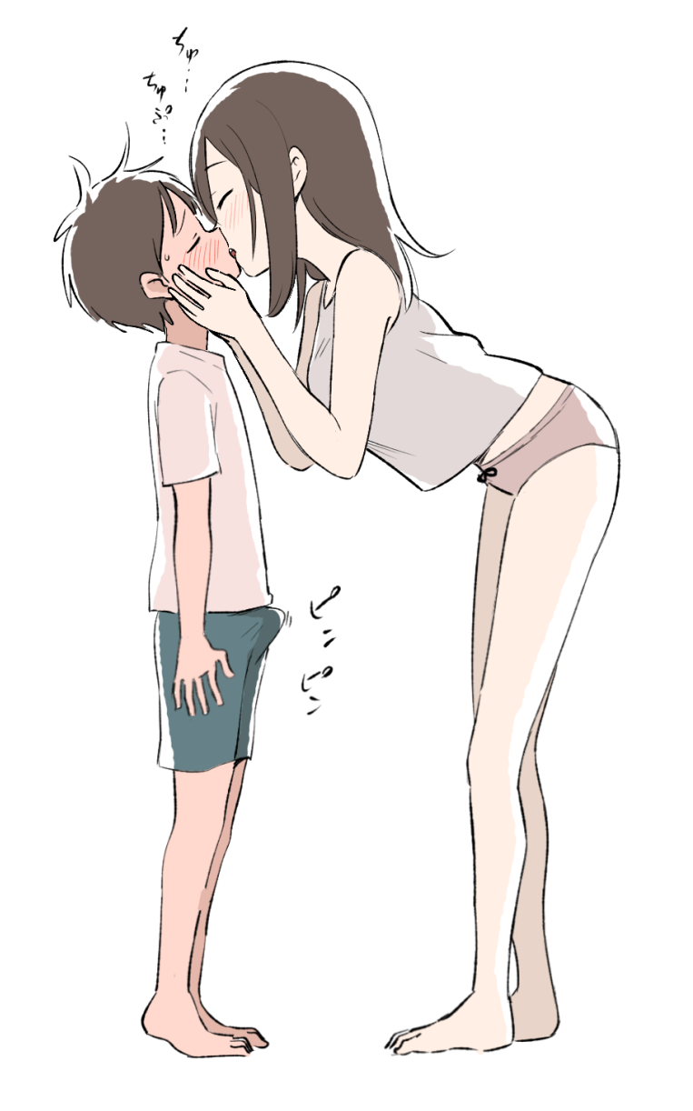 1boy 1girl age_difference barefoot black_hair blue_shorts brother_and_sister bulge closed_eyes ed erection erection_under_clothes from_side full_body ganaishoten hands_on_another&#039;s_face hetero highres incest kiss leaning_forward medium_hair onee-shota original panties profile purple_panties shirt short_hair shorts shota siblings simple_background standing t-shirt translated underwear white_background white_shirt