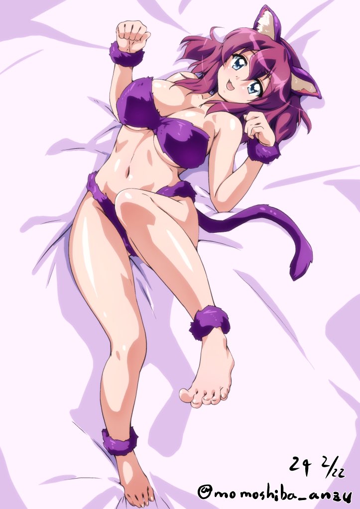 1girl :d animal_ears barefoot bed_sheet bikini blue_eyes breasts cat_ears cat_tail cleavage commentary_request dated fake_animal_ears fake_tail full_body fur_anklet fur_bikini fur_wrist_cuffs hair_between_eyes henrietta_de_tristain knee_up large_breasts long_hair looking_at_viewer lying nafta navel on_back on_bed open_mouth paw_pose purple_bikini purple_hair shiny_skin smile solo swimsuit tail toes twitter_username wrist_cuffs zero_no_tsukaima
