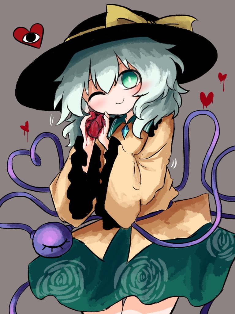 1girl black_hat blood blood_on_hands buttons commentary diamond_button eyeball floral_print frilled_shirt_collar frilled_sleeves frills green_eyes green_hair green_skirt hat hat_ribbon heart heart_(organ) heart_of_string heripantomorrow holding_heart_(organ) holding_organ komeiji_koishi ribbon rose_print shirt skirt smile symbol-only_commentary third_eye touhou wide_sleeves yellow_ribbon yellow_shirt