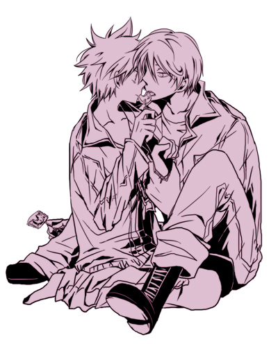00s 2boys baggy_clothes candy food holding_another&#039;s_wrist katekyo_hitman_reborn! lollipop lowres male_focus monochrome multiple_boys sawada_tsunayoshi short_hair spanner_(reborn!) yaoi