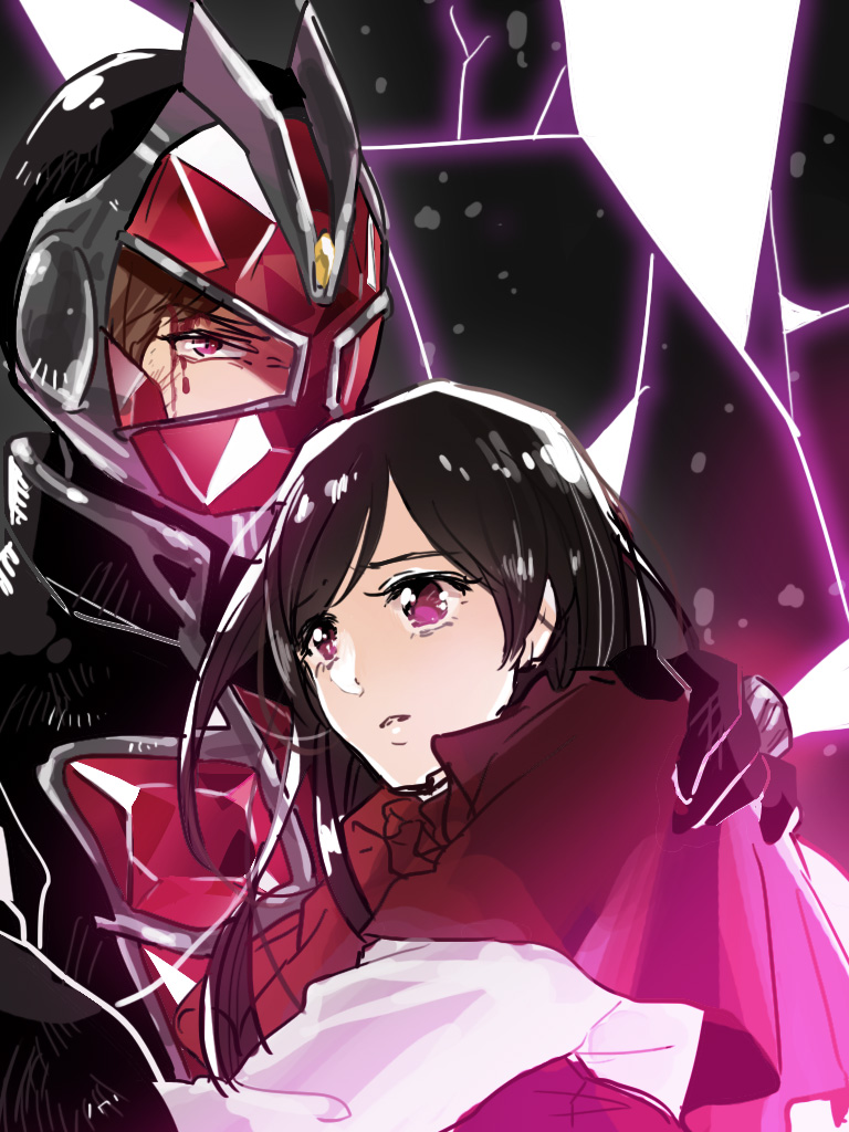 1boy 1girl bad_id bad_pixiv_id black_hair blood brown_hair capelet kamen_rider kamen_rider_wizard kamen_rider_wizard_(series) kinoshita_kirin koyomi_(kamen_rider_wizard) long_hair mask purple_eyes souma_haruto