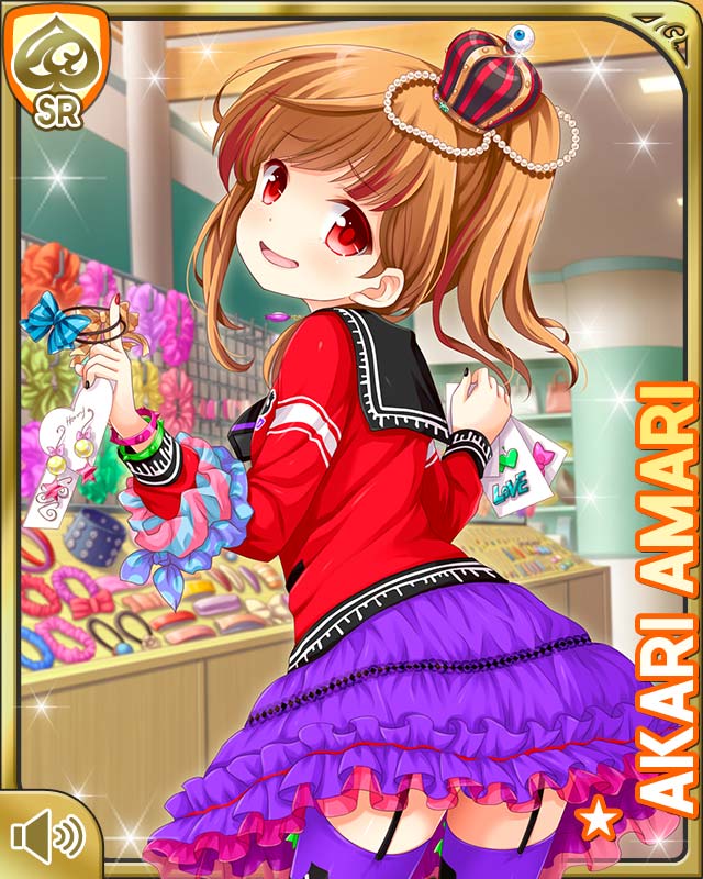 1girl amari_akari ass beads bow brown_hair card_(medium) character_name crown day frilled_skirt frills from_behind garter_straps girlfriend_(kari) hair_beads hair_bow hair_ornament indoors lace looking_at_viewer multicolored_hair nail_polish official_art open_mouth ponytail purple_skirt qp:flapper red_eyes red_shirt scrunchie shirt short_hair side_ponytail sidelocks skirt smile solo standing store streaked_hair tagme thighhighs