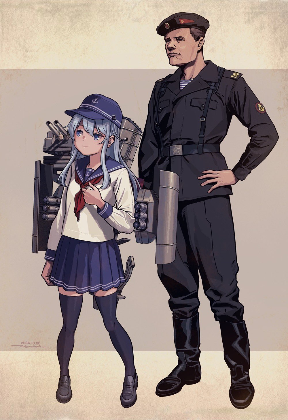 1boy 1girl anchor_symbol beret black_pants black_shirt blue_hair blue_skirt cannon dated hand_on_own_hip hat height_difference hibiki_(kancolle) highres horikou kantai_collection mecha_musume military_uniform naval_uniform naval_working_uniform original pants sailor_hat school_uniform serafuku shirt skirt soviet_navy striped_clothes striped_shirt telnyashka torpedo_tubes