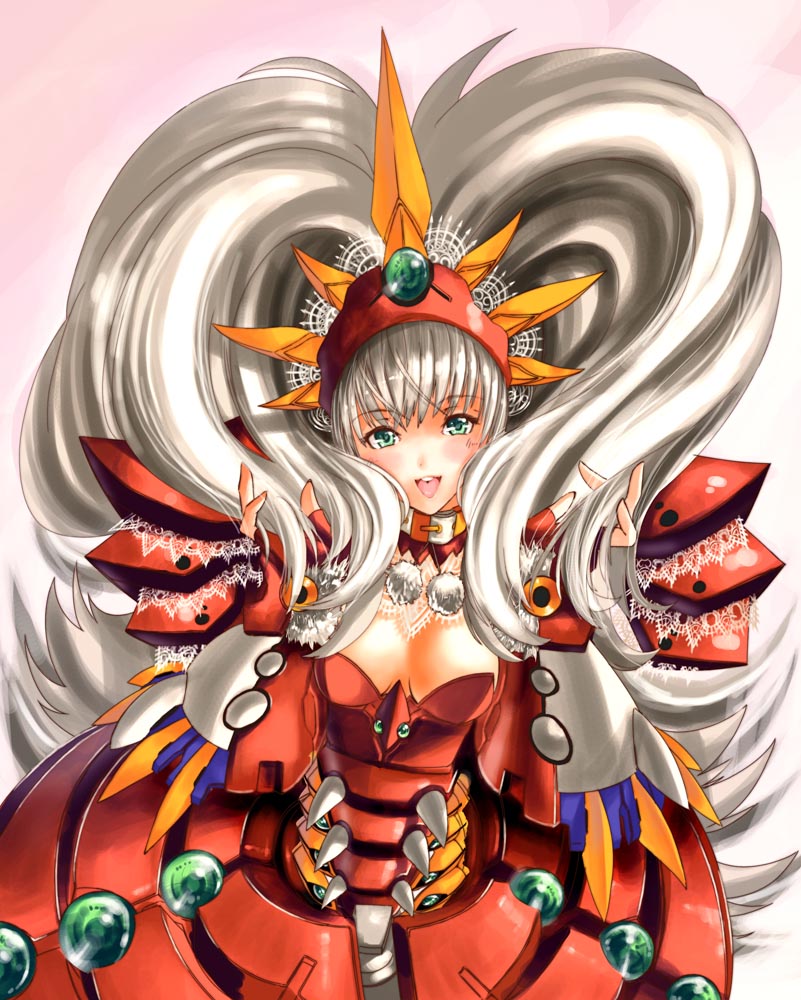 1girl banpresto blush breasts female_focus gradient_background green_eyes ialdabaoth ky_(nimbusky) lace long_hair mecha_musume silver_hair solo super_robot_wars super_robot_wars_compact_3 super_robot_wars_original_generation super_robot_wars_original_generation_gaiden very_long_hair