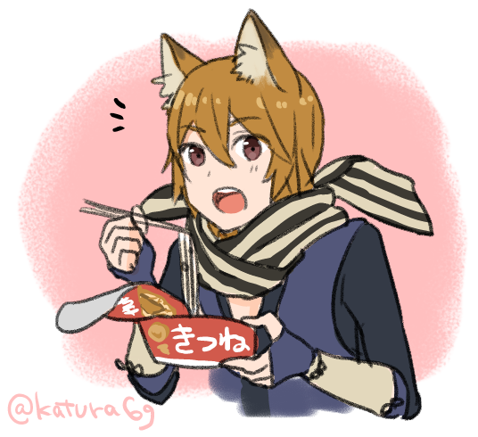 1boy animal_ears cup_ramen fire_emblem fire_emblem_fates fox_boy fox_ears instant_udon japanese_clothes kaden_(fire_emblem) katsura_ichiho looking_at_viewer male_focus maruchan_akai_kitsune_udon nintendo open_mouth orange_hair scarf striped_clothes striped_scarf upper_body