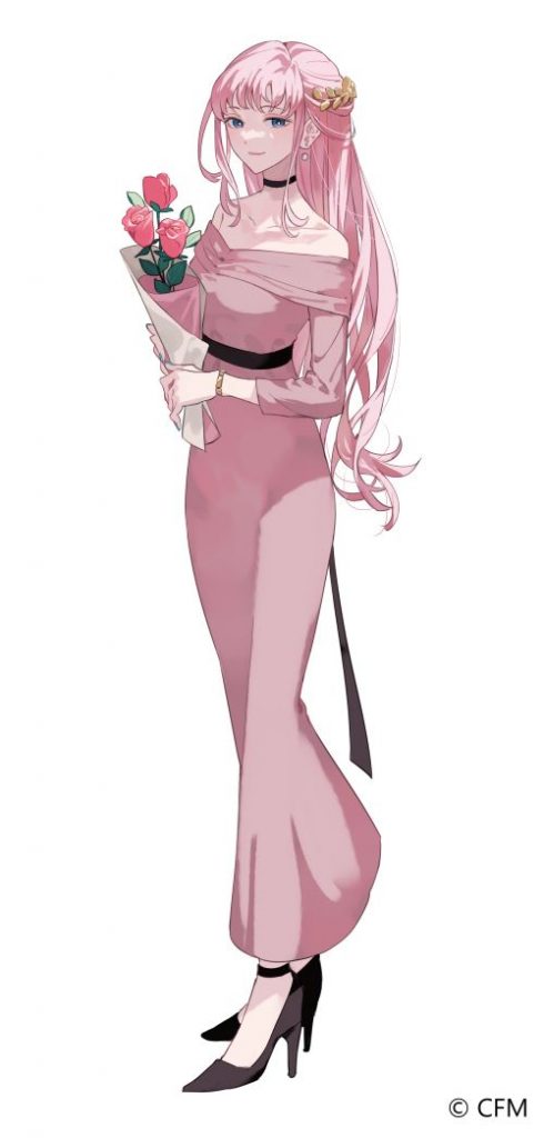 1girl belt black_belt black_choker black_footwear blue_eyes bouquet bracelet choker collarbone copyright_notice dress earrings flower full_body hair_ornament high_heels holding holding_bouquet jewelry long_dress long_hair megurine_luka official_art pink_dress pink_flower pink_hair simple_background solo standing tachi-e ugonba_(howatoro) vocaloid white_background