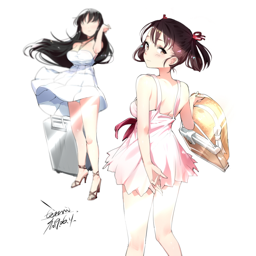 2girls black_hair blush breasts brown_hair closed_mouth dress ejami long_hair looking_at_viewer mizushima_asa multiple_girls panties short_hair simple_background sora_no_iro_mizu_no_iro sorayama_natsume twintails underwear white_background