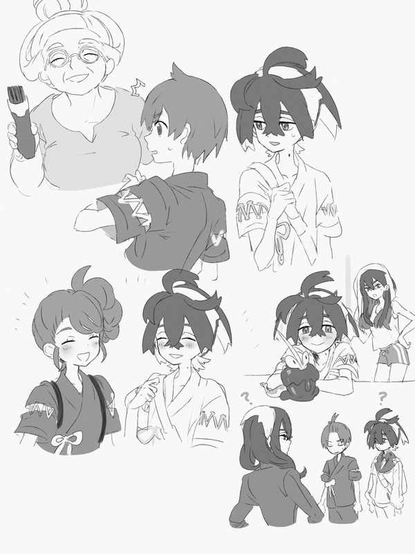 2boys 3girls ? ahoge blush carmine_(pokemon) closed_eyes commentary_request cowlick dipplin florian_(pokemon) glasses greyscale grin hair_bun hand_up hideko_(pokemon) holding holding_strap juliana_(pokemon) kieran_(pokemon) monochrome multiple_boys multiple_girls mxkjxm_(nhss2337) nintendo pokemon pokemon_(creature) pokemon_sv shirt short_hair short_sleeves smile strap teeth topknot