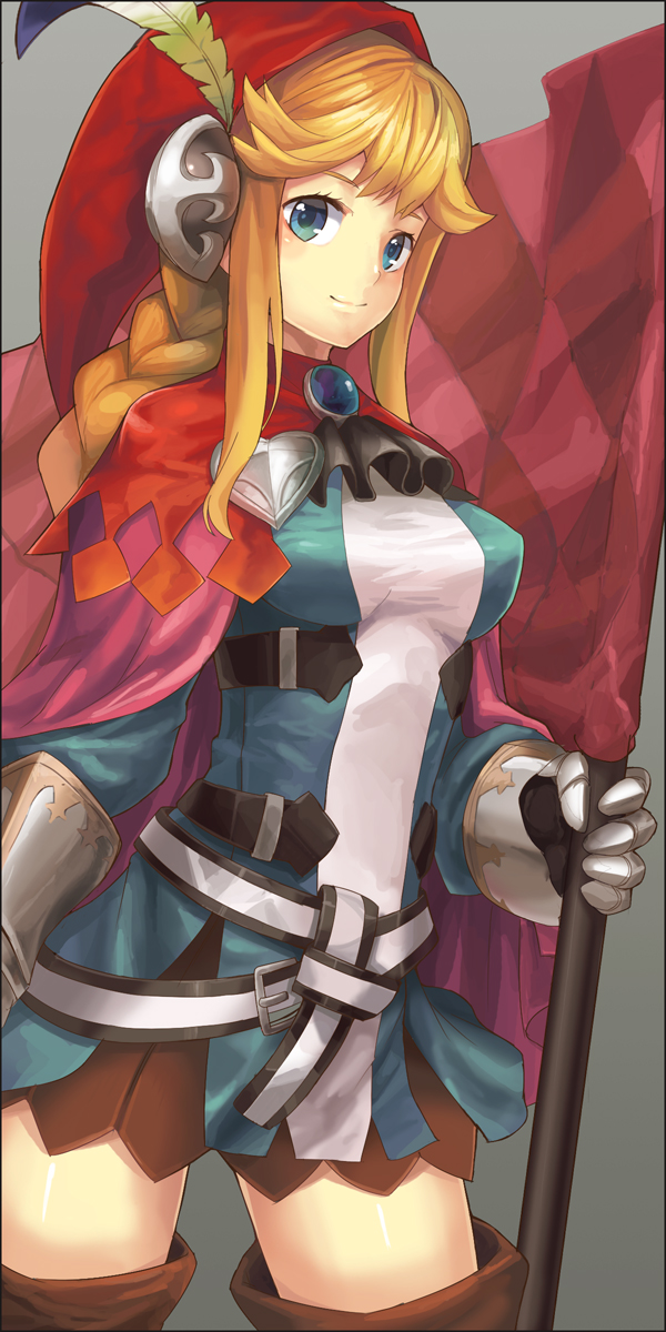 1girl amulet armor armored_dress blonde_hair blue_eyes braid dress feathers female_focus flag gauntlets grand_knights_history highres lisha_stalake nigoro solo thighhighs