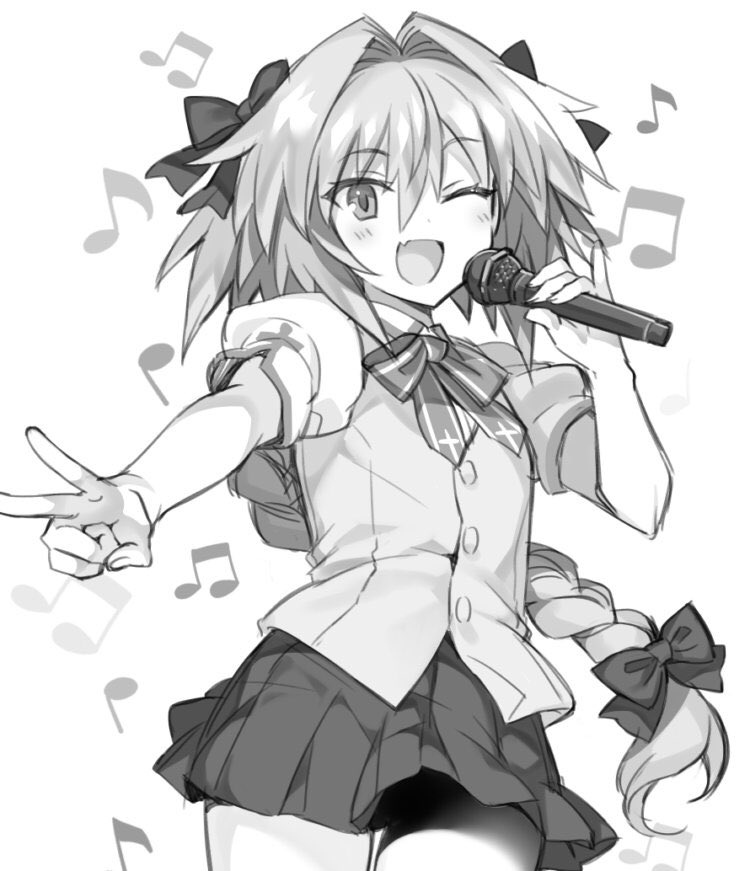 1boy ;d alternate_costume astolfo_(fate) bow bowtie braid cowboy_shot fang fate/apocrypha fate_(series) greyscale hair_bow hanabana_tsubomi holding holding_microphone homurabara_academy_school_uniform long_hair looking_at_viewer male_focus microphone monochrome multiple_hair_bows music musical_note one_eye_closed open_mouth school_uniform short_sleeves simple_background singing skin_fang skirt smile solo trap v vest
