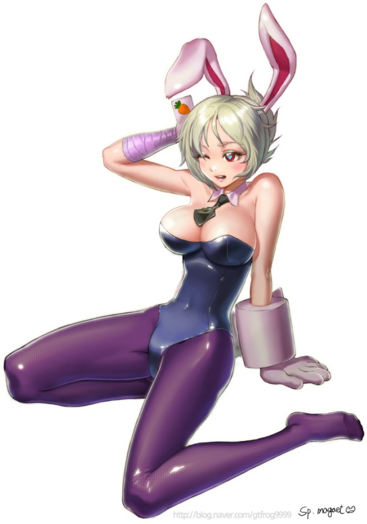 battle_bunny_riven breasts carrot image_sample league_of_legends legs leotard naver_sample pantyhose playboy_bunny red_eyes riven_(league_of_legends) solo sp_magaet white_hair