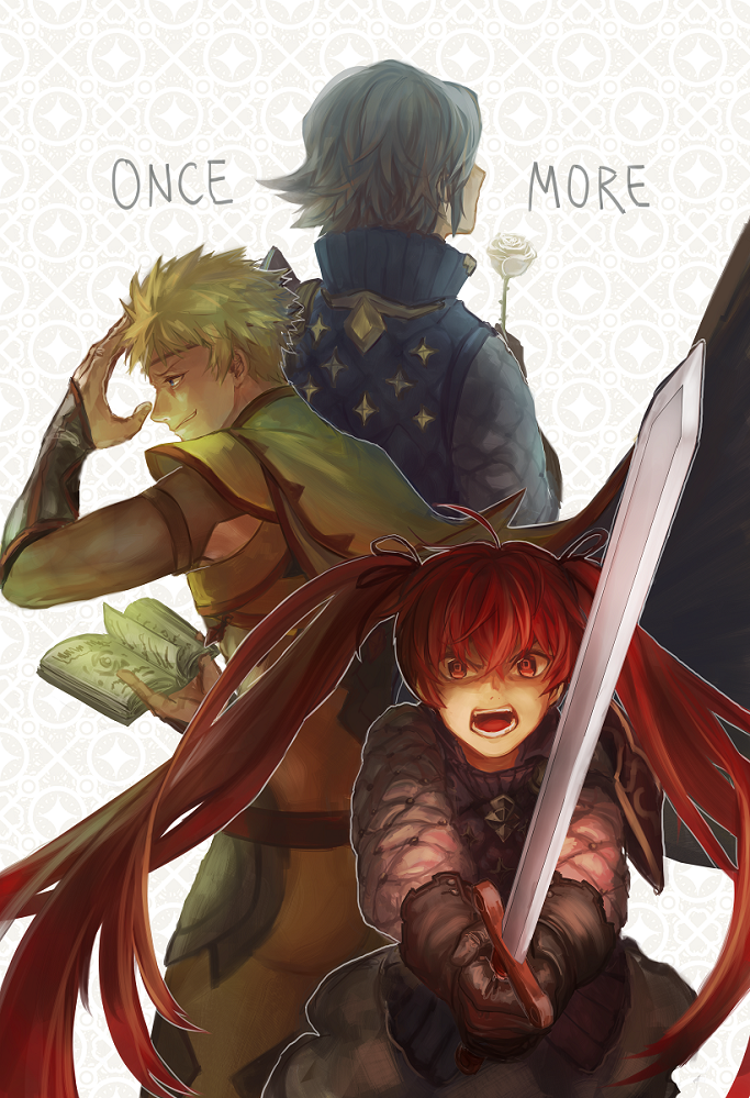 1girl 2boys ahoge angry blonde_hair blue_eyes book commentary english_text fire_emblem fire_emblem_fates flower grey_hair grin holding holding_book holding_flower holding_sword holding_weapon laaaicha laslow_(fire_emblem) long_hair multiple_boys nintendo odin_(fire_emblem) open_book open_mouth red_eyes red_hair rose selena_(fire_emblem_fates) short_hair smile sword symbol-only_commentary teeth twintails very_long_hair weapon white_flower white_rose