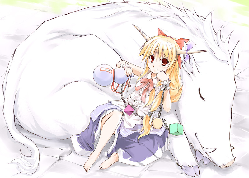 1girl animal bad_id bad_pixiv_id barefoot boar bow chain female_focus funeral_(artist) gourd hair_bow horns ibuki_suika long_hair orange_hair red_eyes sleeping smile solo sumisi touhou tusks