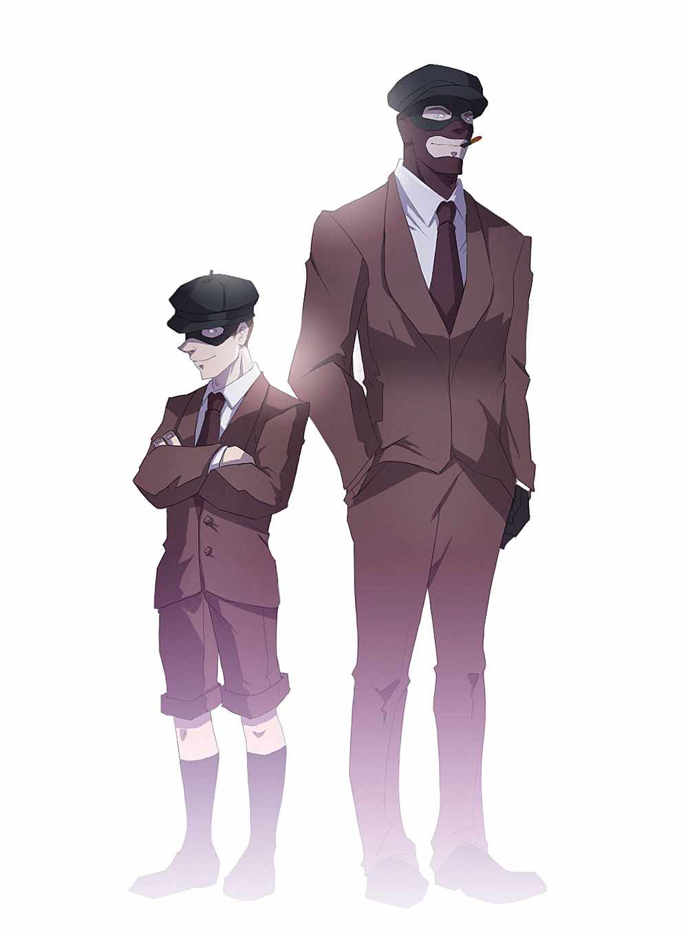 2boys aged_down beret biggreenpepper cigar collared_shirt crossed_arms eye_mask formal_clothes gloves hand_in_pocket hat highres mask multiple_boys necktie red_necktie red_shorts red_suit shirt shorts simple_background smile smirk spy_(tf2) standing suit team_fortress_2 white_background white_shirt