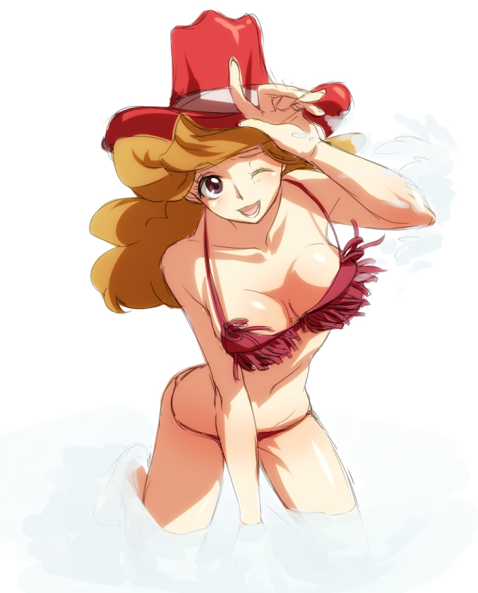 1boy 1girl ass bikini blinking blush breasts brown_eyes cow_girl hat large_breasts melissa_claire ocean orange_hair playing red_bikini sakaki_yuya smile smile_world splashing swimsuit v water wide_hips yu-gi-oh! yu-gi-oh!_arc-v