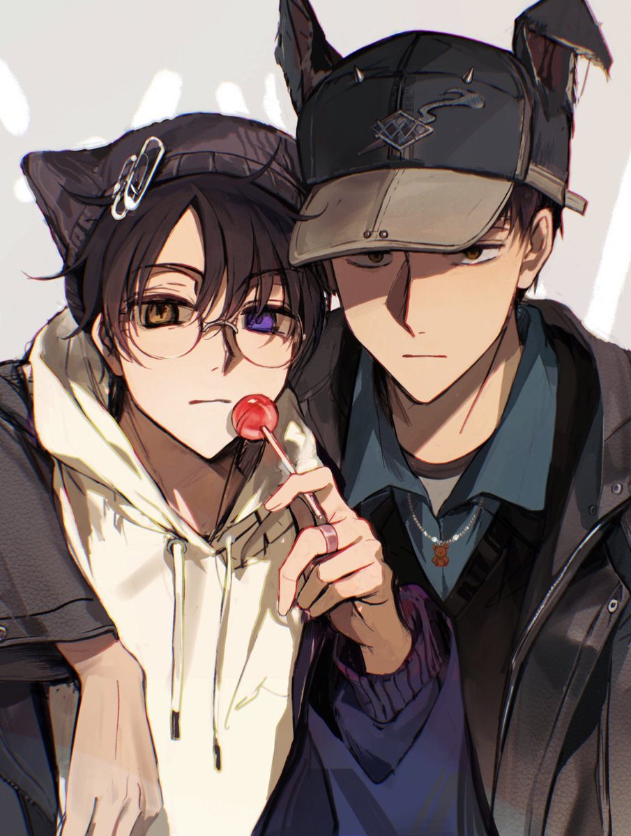 2boys animal_ear_headwear animal_ears arm_around_shoulder baseball_cap beanie black_hat black_jacket black_sweater_vest black_vest blue_shirt brown_eyes brown_hair candy closed_mouth collared_shirt commentary_request doumeki_shizuka drawstring dress_shirt fake_animal_ears food glasses hair_between_eyes hand_up hat heterochromia highres holding holding_candy holding_food holding_lollipop hood hood_down hoodie jacket jewelry lapels layered_clothes leather leather_jacket lollipop long_sleeves male_focus multiple_boys necklace partially_shaded_face rimless_eyewear ring safety_pin shirt shusuzu simple_background straight-on sweater_vest t-shirt undershirt upper_body vest watanuki_kimihiro white_hoodie xxxholic zipper