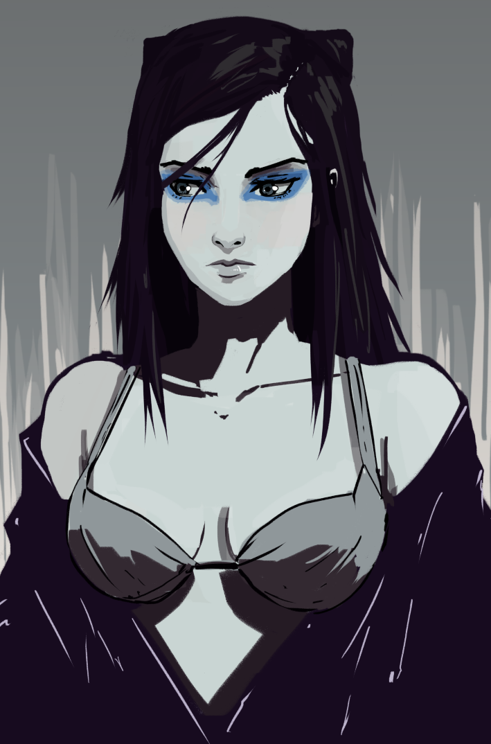 1girl bare_shoulders blue_eyeshadow bra breasts cleavage ergo_proxy eyeshadow grey_eyes long_hair makeup medium_breasts o-nce re-l_mayer simple_background solo underwear