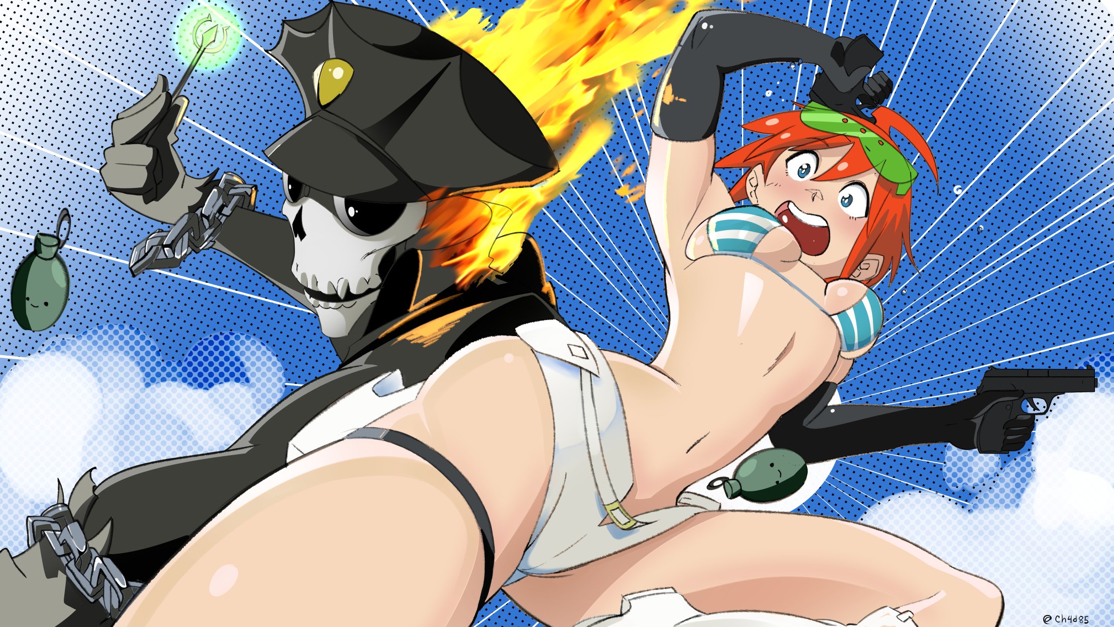 1boy 1girl ass bikini blue_eyes blue_sky breasts ch4d85 cleavage explosive grenade gun highres inferno_cop luluco medium_breasts red_hair sky studio_trigger swimsuit thick_thighs thighs trigger-chan uchuu_patrol_luluco weapon