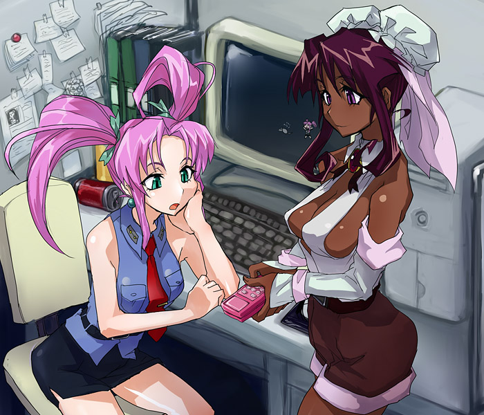 1990s_(style) 2girls burn-up burn-up_excess can computer dark_skin computer_keyboard lilica_evett multiple_girls nanvel_candlestick office pink_hair retro_artstyle skj