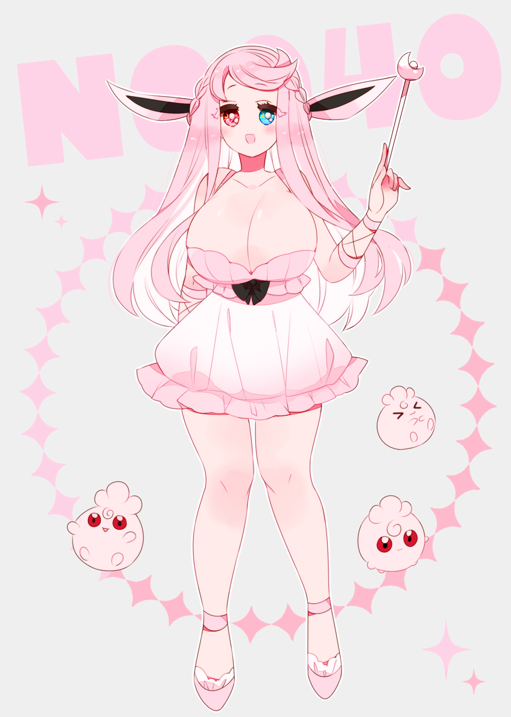 1girl animal_ears blue_eyes blush braid breasts cleavage collarbone creatures_(company) dress eyelashes full_body game_freak gen_1_pokemon gen_2_pokemon heterochromia highres huge_breasts igglybuff long_hair looking_at_viewer nintendo open_mouth personification pink_dress pink_hair pink_shoes pokedex_number pokemon pokemon_(creature) red_eyes shoes wigglytuff yuzu_ichika