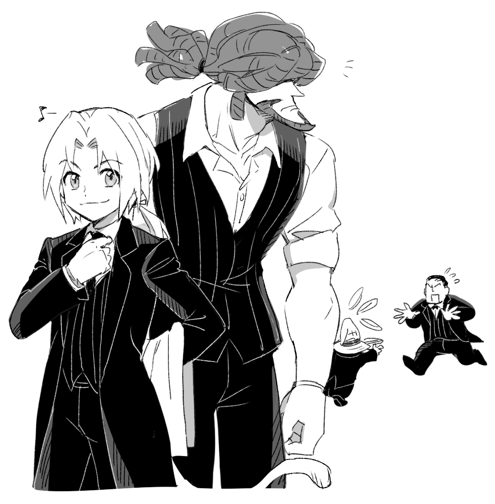 adelbert_steiner adjusting_clothes adjusting_necktie alternate_costume black_jacket black_necktie black_pants black_suit black_vest collared_shirt dede_(qwea_00000) dreadlocks final_fantasy final_fantasy_ix formal_clothes greyscale hat jacket long_hair low_ponytail monkey_tail monochrome musical_note necktie pants parted_bangs ponytail running salamander_coral shirt short_hair sleeves_rolled_up smirk suit tail vest vivi_ornitier waistcoat white_background white_shirt wizard_hat zidane_tribal