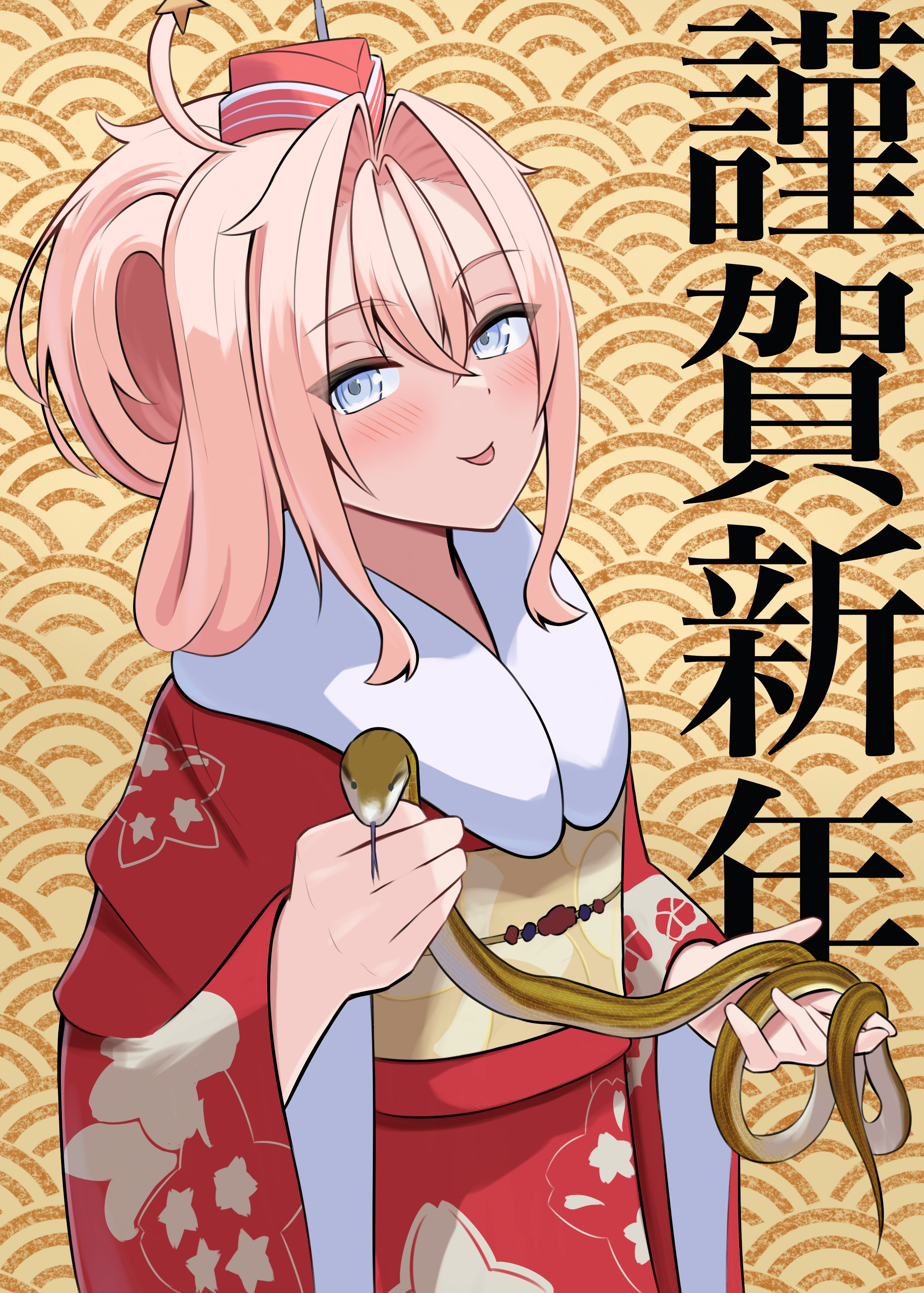1girl absurdres alternate_costume drum_(kancolle) garrison_cap grey_eyes hair_between_eyes hat highres holding_animal holding_snake japanese_clothes kantai_collection kimono l_meet long_hair looking_at_viewer obi pink_hair red_hat red_kimono sash smile snake solo tongue tongue_out wide_sleeves