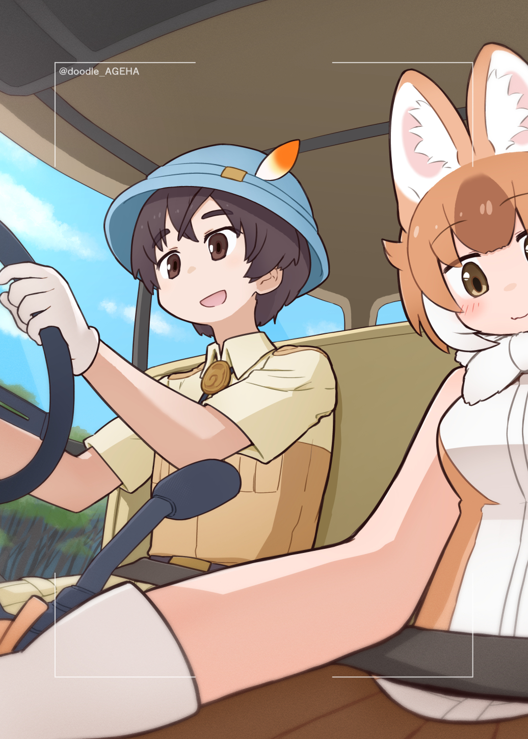 1boy 1girl animal_ears bare_shoulders blush bow breasts bucket_hat bus_interior captain_(kemono_friends) da_(bobafett) dhole_(kemono_friends) dog_ears dog_girl extra_ears gloves hat highres japari_bus kemono_friends kemono_friends_3 looking_at_viewer medium_breasts multicolored_hair open_mouth shirt short_hair skirt sleeveless smile two-tone_hair white_hair