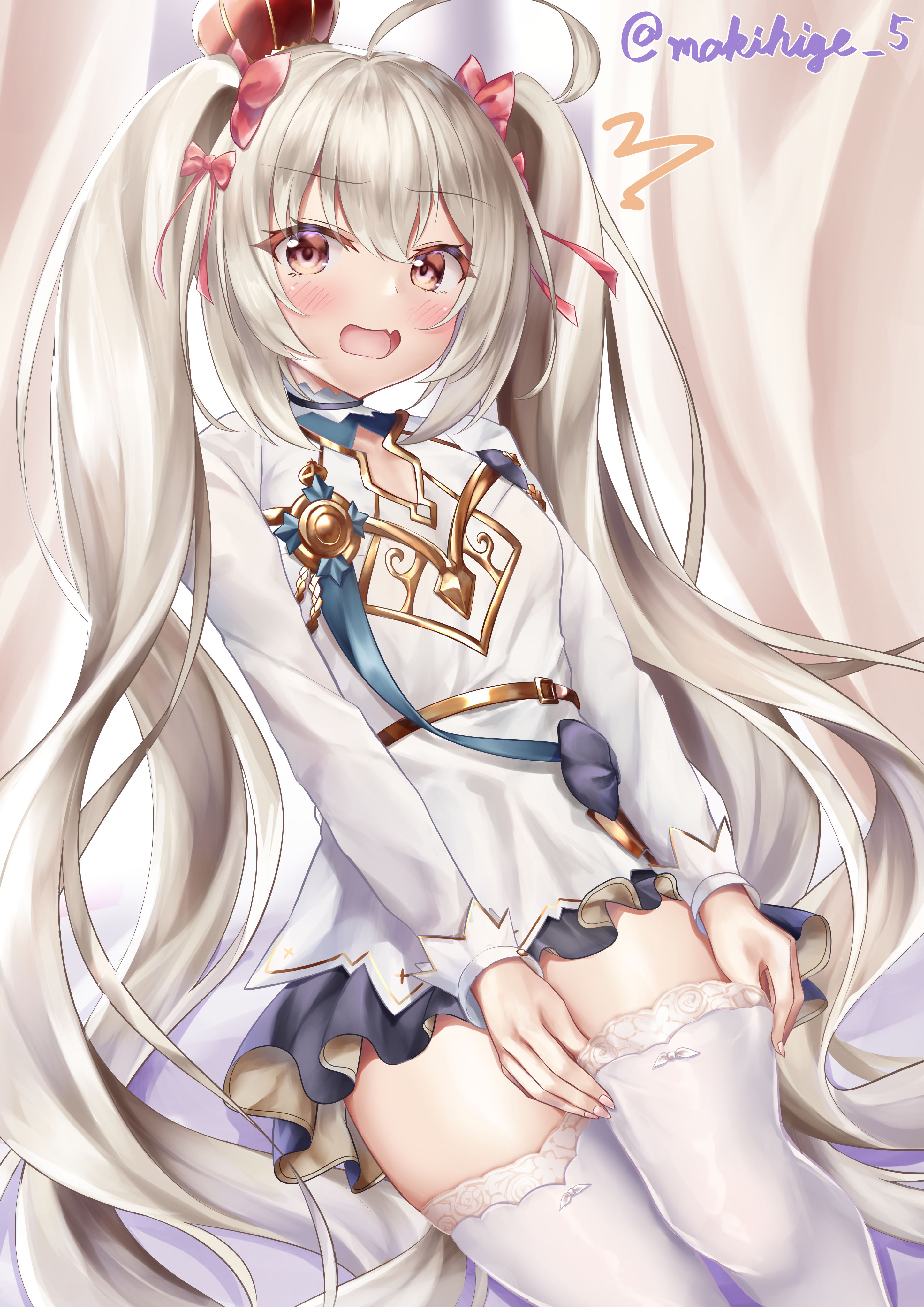 1girl absurdres azur_lane blonde_hair blush breasts brown_eyes crown fang highres long_hair makihige open_mouth small_breasts solo thighhighs twintails twitter_username valiant_(azur_lane) white_thighhighs