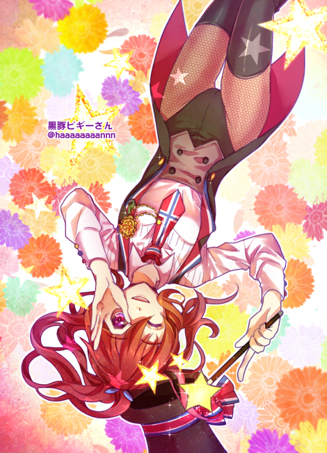 1girl ;d black_hat black_leotard black_pantyhose brown_hair female_focus fishnet_pantyhose fishnets floating_hair free! hair_between_eyes hair_ornament hat leotard long_hair long_sleeves looking_at_viewer matsuoka_gou momoko_(momoko14) necktie one_eye_closed open_mouth pantyhose ponytail red_eyes shirt smile solo star_(symbol) thighhighs twitter_username upside-down white_shirt