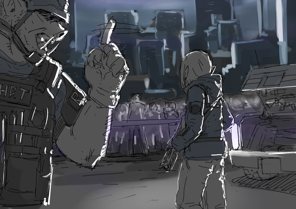 1boy 1girl assault_rifle car city crowd dark elf fangs gesture gloves gun hat helmet hood hood_down hooded_jacket index_finger_raised jacket long_sleeves military_hat motor_vehicle night orc original outdoors pants partially_colored pointing pointy_ears police police_uniform rifle s.w.a.t. sate sketch sky snout tactical_clothes trunk tusks urban_fantasy weapon