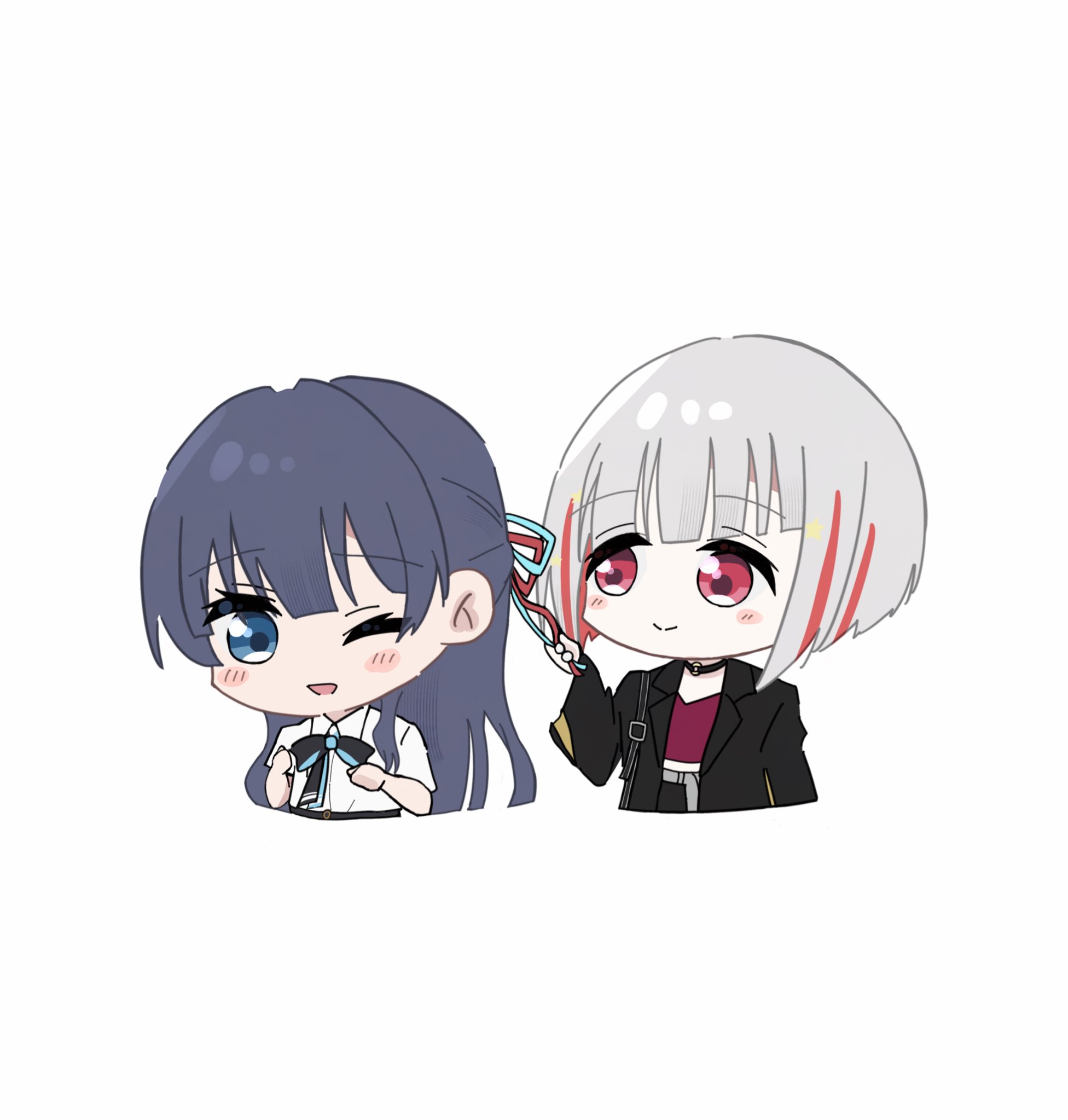 2girls ;d black_choker black_jacket black_necktie blue_eyes blue_hair blue_necktie blue_ribbon blush bob_cut casual choker closed_mouth collared_shirt commentary cropped_shirt cropped_torso diagonal_bangs dollchestra grey_hair hair_ribbon half_updo hashtag-only_commentary highres inverted_bob jacket link!_like!_love_live! long_hair long_sleeves looking_at_another love_live! magu_(cv_mgmgcup) midriff multicolored_hair multiple_girls murano_sayaka murano_sayaka_(summer_casual) necktie o-ring o-ring_choker official_alternate_costume one_eye_closed open_clothes open_jacket open_mouth red_eyes red_hair red_ribbon red_shirt ribbon ribbon_hold shirt short_hair short_sleeves smile split_mouth streaked_hair v-neck virtual_youtuber white_shirt yugiri_tsuzuri yugiri_tsuzuri_(summer_casual)
