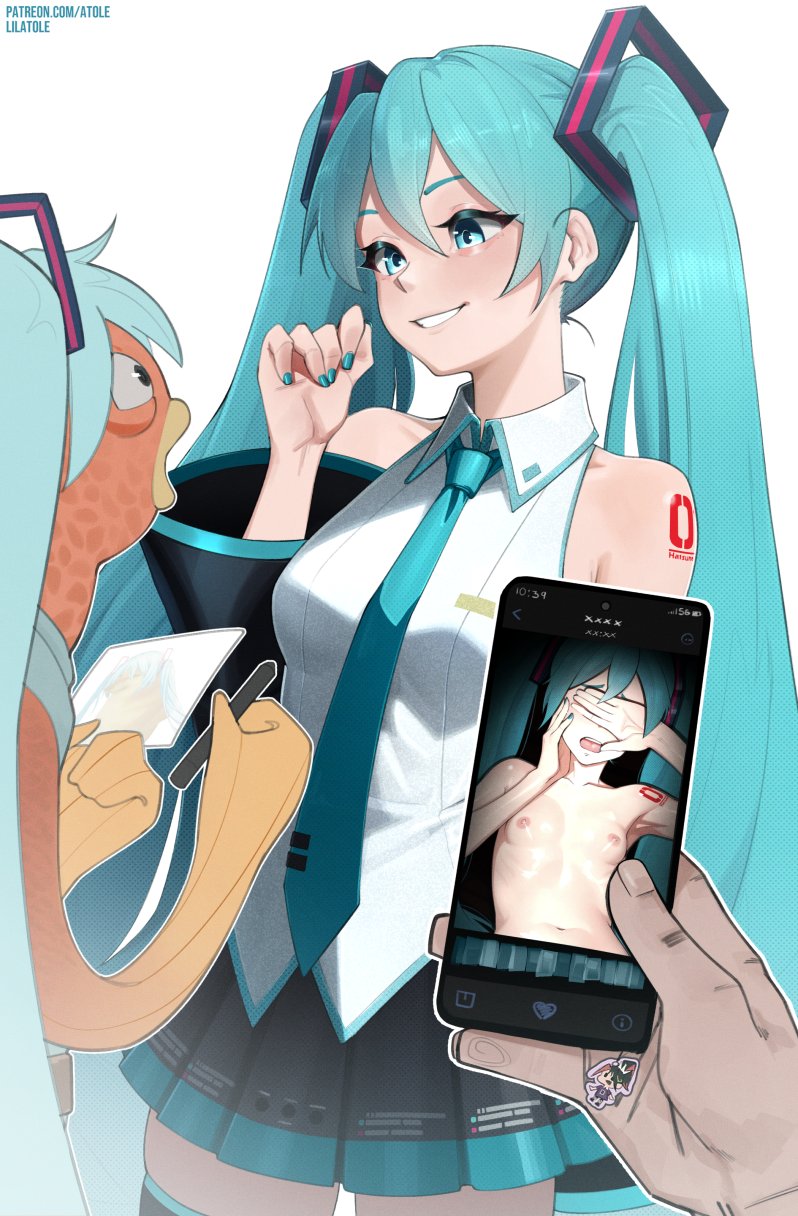 1girl 2boys aqua_eyes aqua_hair aqua_nails arm_tattoo artist_name bare_shoulders black_sleeves breasts cellphone clenched_teeth commentary cosplay covering_face detached_sleeves english_commentary fishstick_(fortnite) fortnite hair_between_eyes hatsune_miku hatsune_miku_(cosplay) highres holding holding_pen holding_phone lilatole long_hair multiple_boys navel necktie nude number_tattoo parted_lips patreon_username pen phone pleated_skirt skirt sleeveless small_breasts smartphone tattoo teeth thighhighs topless_female twintails very_long_hair vocaloid watermark web_address wide_sleeves