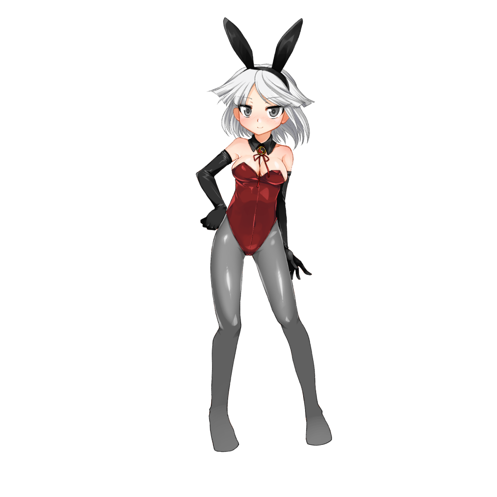 1girl animal_ears anmita_(rarutos) black_gloves blush breasts commentary detached_collar elbow_gloves fake_animal_ears fujiwara_no_shirogane_no_sanra full_body genderswap genderswap_(otf) gloves grey_eyes grey_hair grey_pantyhose latex latex_gloves len&#039;en leotard neck_ribbon pantyhose playboy_bunny rabbit_ears red_leotard red_ribbon ribbon short_hair simple_background small_breasts solo strapless strapless_leotard tachi-e transparent_background yin_yang