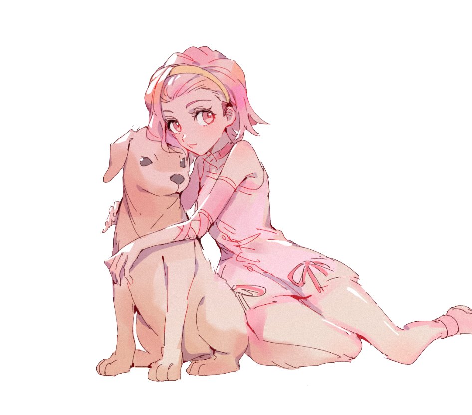 1girl armband arnold_(jojo) diamond_wa_kudakenai dog dress earrings hairband headband huan_li jewelry jojo_no_kimyou_na_bouken kneeling pink_eyes pink_hair simple_background