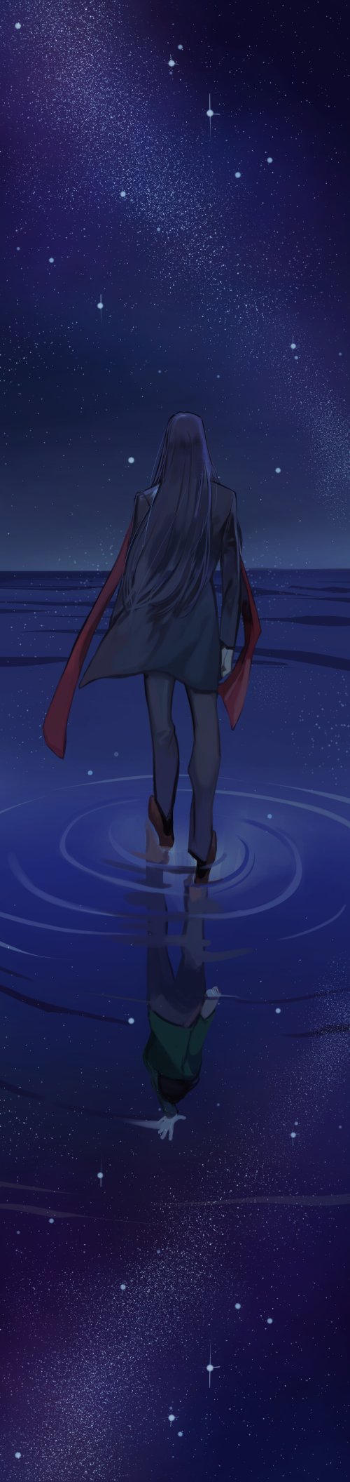 1boy arm_up black_coat black_hair black_pants brown_shoes coat different_reflection facing_away fate/zero fate_(series) halorane highres long_hair long_image lord_el-melloi_ii male_focus night outdoors pants reflection ripples shoes sky standing standing_on_liquid star_(sky) starry_sky tall_image waver_velvet