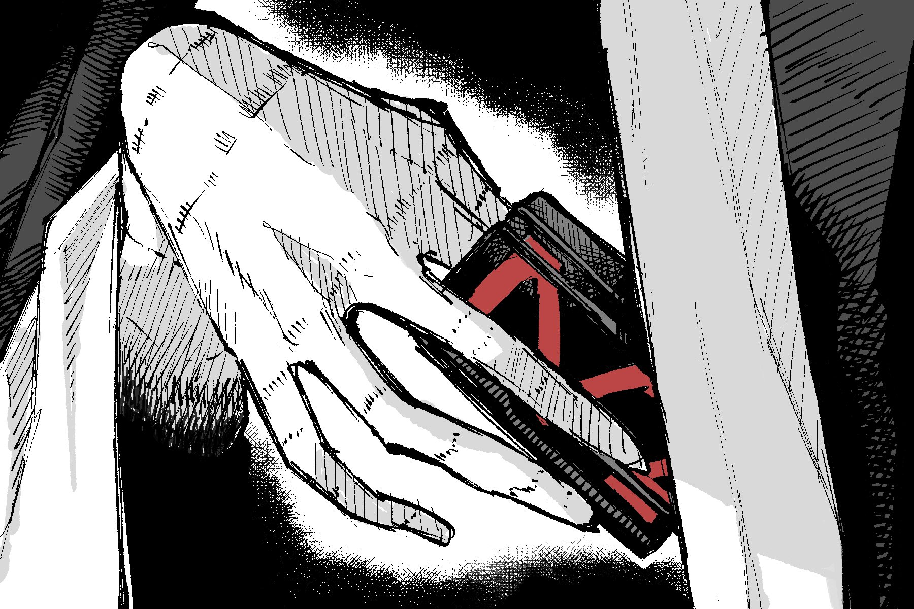 1boy between_fingers blue_archive card card_between_fingers cloak close-up commentary_request crossover greyscale hand_focus highres holding holding_card jazz_(fukukan) kamen_rider kamen_rider_den-o_(series) kamen_rider_zeronos monochrome out_of_frame parody phrenapates_(blue_archive) scene_reference spot_color