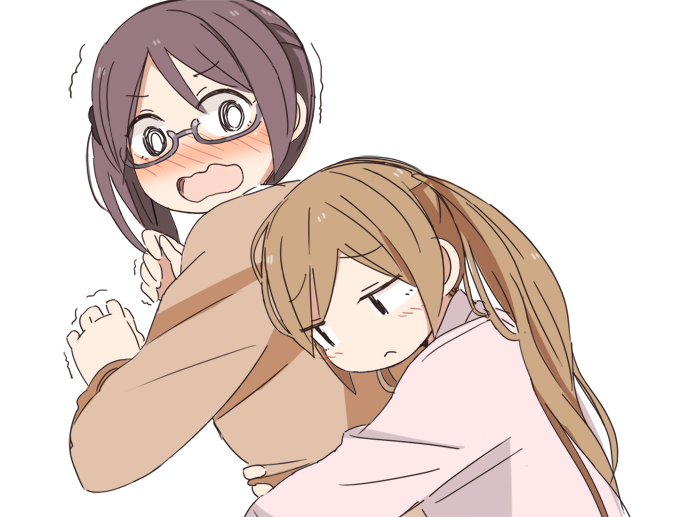 2girls blush brown_hair couple from_side frown hug hug_from_behind long_hair long_sleeves looking_at_another medium_hair miya_(miyabi_24) multiple_girls no_nose okujou_no_yurirei-san open_mouth semi-rimless_eyewear side_ponytail sonou_tsukuyo trembling tsurugimine_kiri twintails under-rim_eyewear upper_body white_background yuri