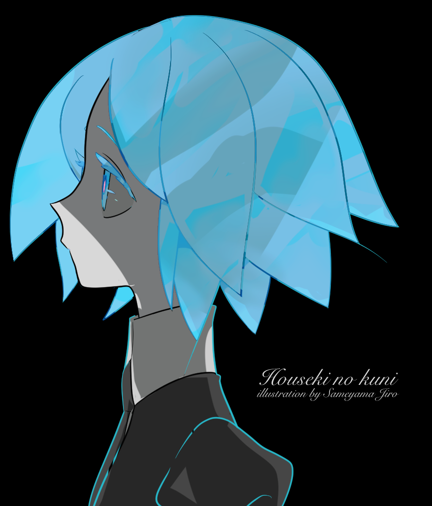 1girl artist_name black_background blue_eyes blue_hair closed_mouth colored_eyelashes colored_skin commentary_request copyright_name from_side houseki_no_kuni phosphophyllite portrait sameyama_jiro short_hair simple_background solo upper_body white_skin