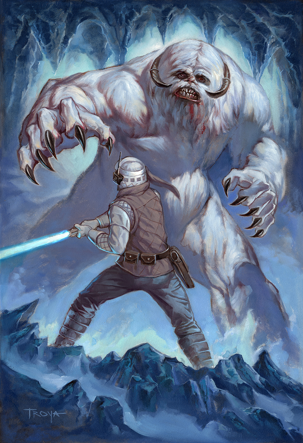 1boy 1other artist_name artist_request belt blue_lightsaber brown_belt brown_vest cave_interior energy_sword facing_away gloves grey_pants highres holding holding_sword holding_weapon ice lightsaber monster pants shirt star_wars star_wars:_the_empire_strikes_back sword vest wampa watermark weapon white_gloves white_headwear white_shirt