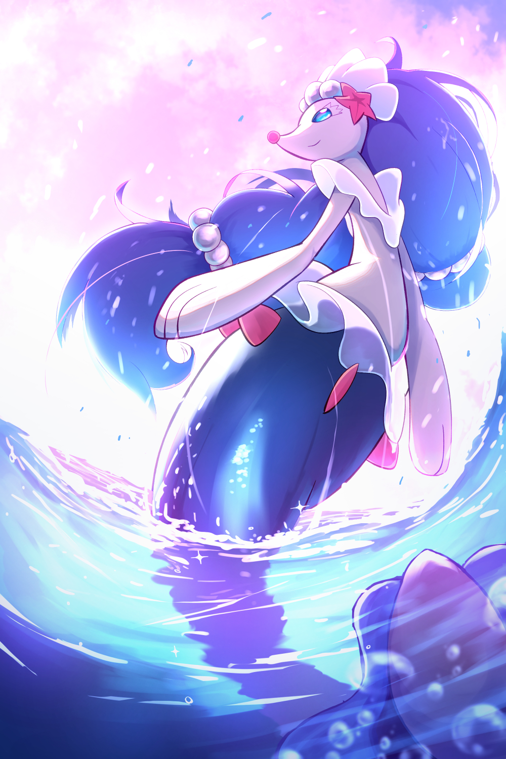 blue_eyes blue_hair colored_skin day gen_7_pokemon highres long_hair nintendo outdoors pokemon pokemon_(creature) primarina rumine_(yoshi1234567) solo starfish_hair_ornament water white_skin