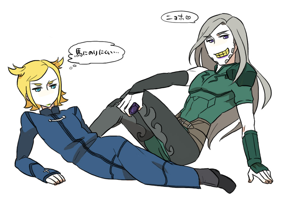 2boys armor ball blonde_hair blue_eyes cosplay diarmuid_ua_duibhne_(fate) diarmuid_ua_duibhne_(lancer)_(fate) diarmuid_ua_duibhne_(lancer)_(fate)_(cosplay) fate/zero fate_(series) gold_teeth green_lips grey_hair grin gyro_zeppeli holding holding_ball johnny_joestar jojo_no_kimyou_na_bouken kajikawa_(mekeko) kayneth_el-melloi_archibald kayneth_el-melloi_archibald_(cosplay) long_hair lying multiple_boys on_side pauldrons purple_eyes purple_lips robe short_twintails shoulder_armor single_pauldron sitting smile steel_ball_run twintails