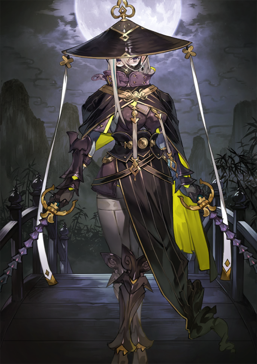1girl armor armored_boots armored_gloves arms_at_sides black_armor black_cape black_gloves black_hat black_mask boots breasts cape chinese_clothes clothing_request covered_mouth crossed_bangs crossed_legs dual_wielding fate/grand_order fate_(series) feet_out_of_frame full_moon game_cg gloves green_cape hair_between_eyes hat high_collar holding holding_weapon huyan_zhuo_(fate) huyan_zhuo_(first_ascension)_(fate) jingasa large_breasts looking_at_viewer mask moon mouth_mask multicolored_hair official_art purple_eyes solo standing streaked_hair third-party_source toridamono two-sided_cape two-sided_fabric variant_set weapon white_hair