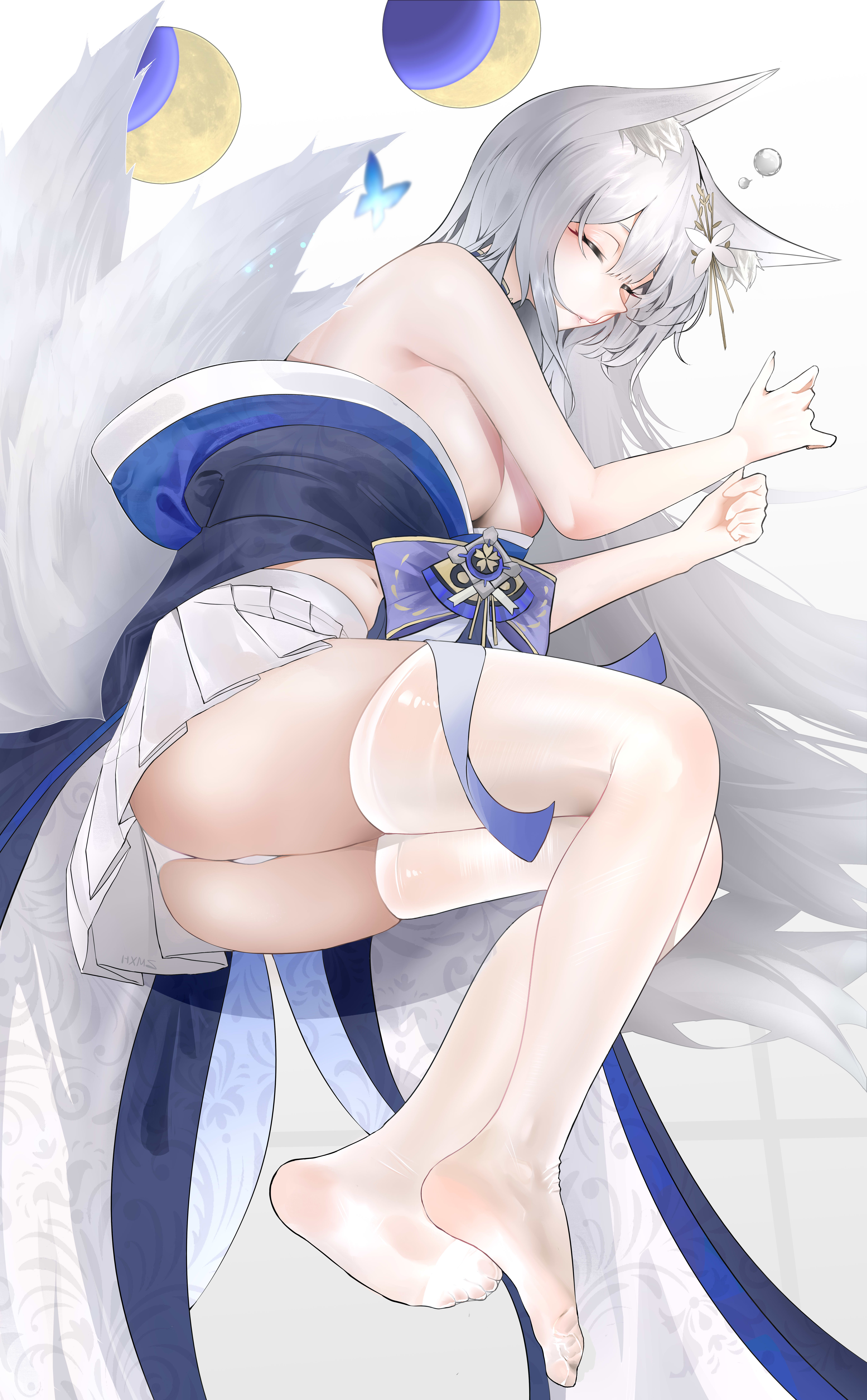 1girl absurdres animal_ear_fluff animal_ears ass azur_lane bare_shoulders blue_kimono blush breasts cleavage fox_ears fox_girl fox_tail grey_hair hair_ornament highres japanese_clothes kimono kitsune large_breasts large_tail long_hair moon_phases multiple_tails no_shoes see-through_clothes see-through_legwear shinano_(azur_lane) skirt_under_kimono sleeping sleeveless soles solo tail thighhighs very_long_hair white_tail white_thighhighs zhemuxuanhua