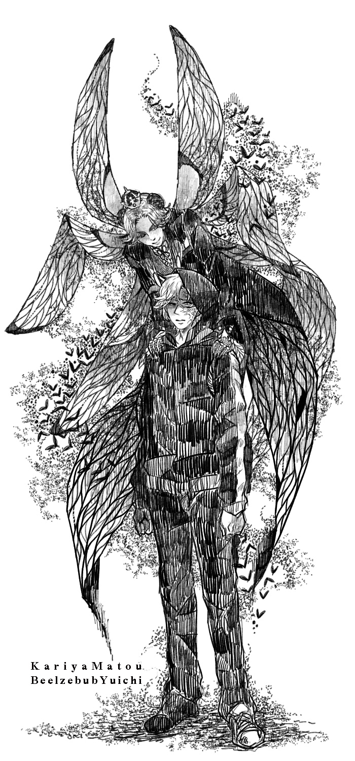 2boys beelzebub_(azazel-san) character_name crossover crown fate/zero fate_(series) faux_traditional_media greyscale highres hood hoodie insect_wings male_focus matou_kariya monochrome multiple_boys nosuke_(umiboshi) shoes sneakers white_background wings yondemasu_yo_azazel-san.