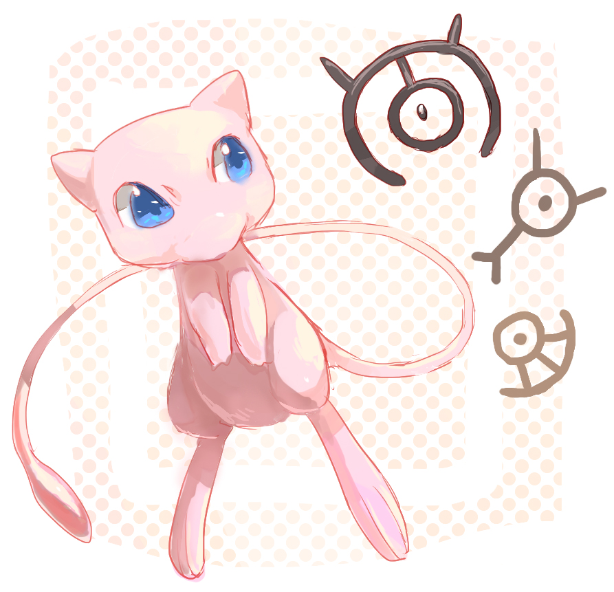bad_id bad_pixiv_id blue_eyes colored_skin commentary_request full_body gen_1_pokemon gen_2_pokemon legendary_pokemon looking_at_another mew_(pokemon) mythical_pokemon nagakura_(seven_walkers) nintendo no_humans pink_skin pokemon pokemon_(creature) tail unown unown_m unown_u unown_y