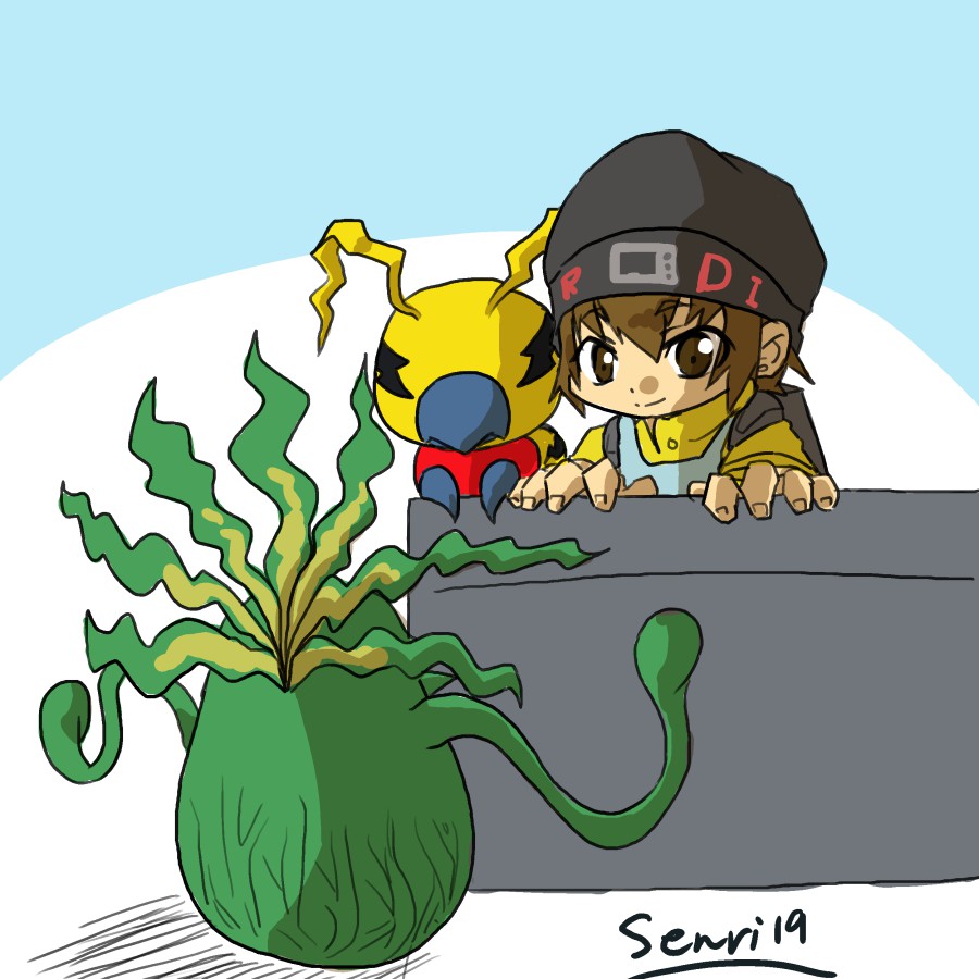 brown_hair digimon digimon_(creature) digimon_world hat kunemon leaf looking_at_another mameo_(digimon) tentacles zassoumon