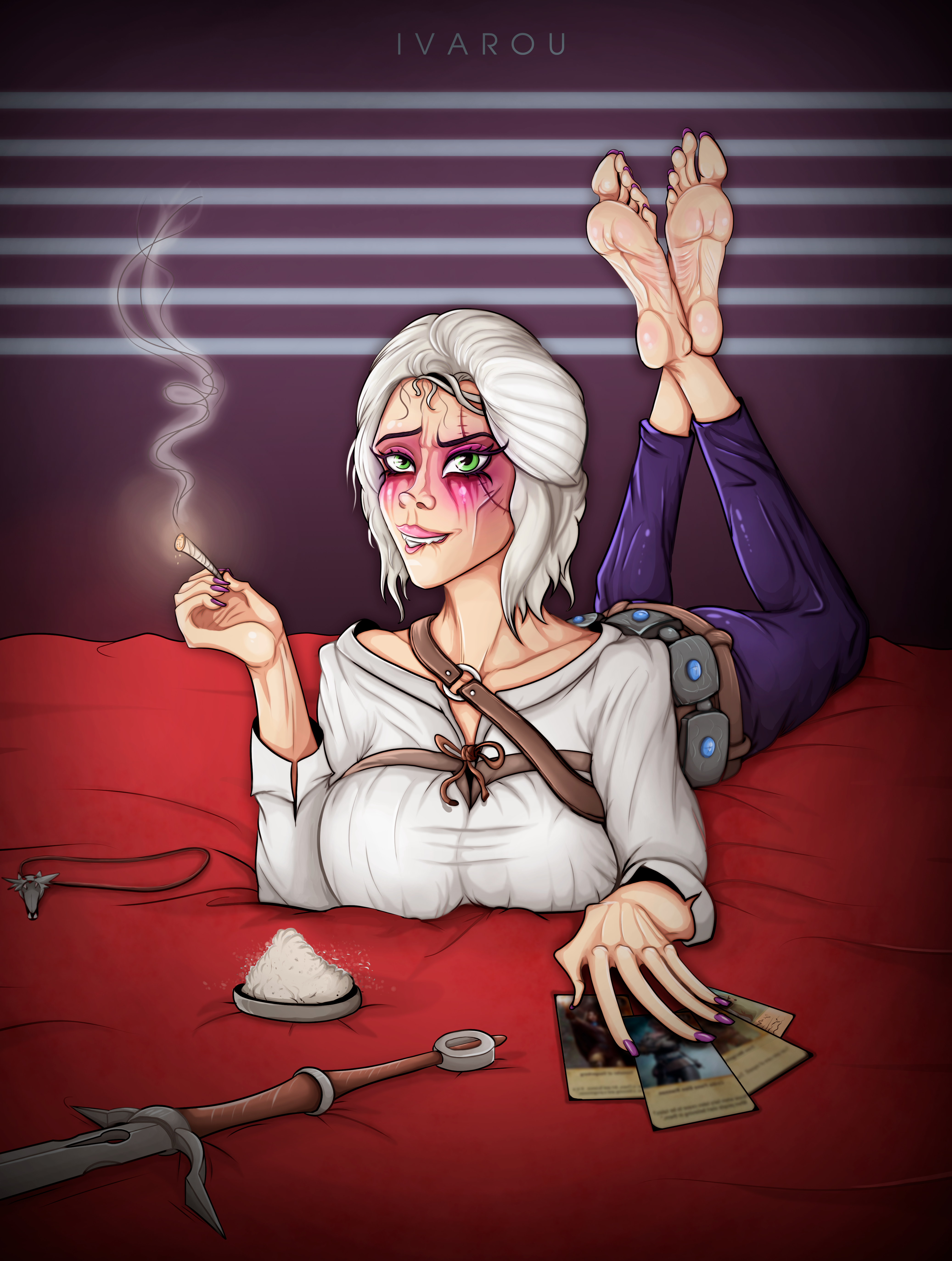1girl absurdres bad_source barefoot breasts cigarette ciri crossover feet gwent_(game) highres holding holding_cigarette ivarou lying on_stomach pulp_fiction soles solo teasing the_pose the_witcher_(series) witch